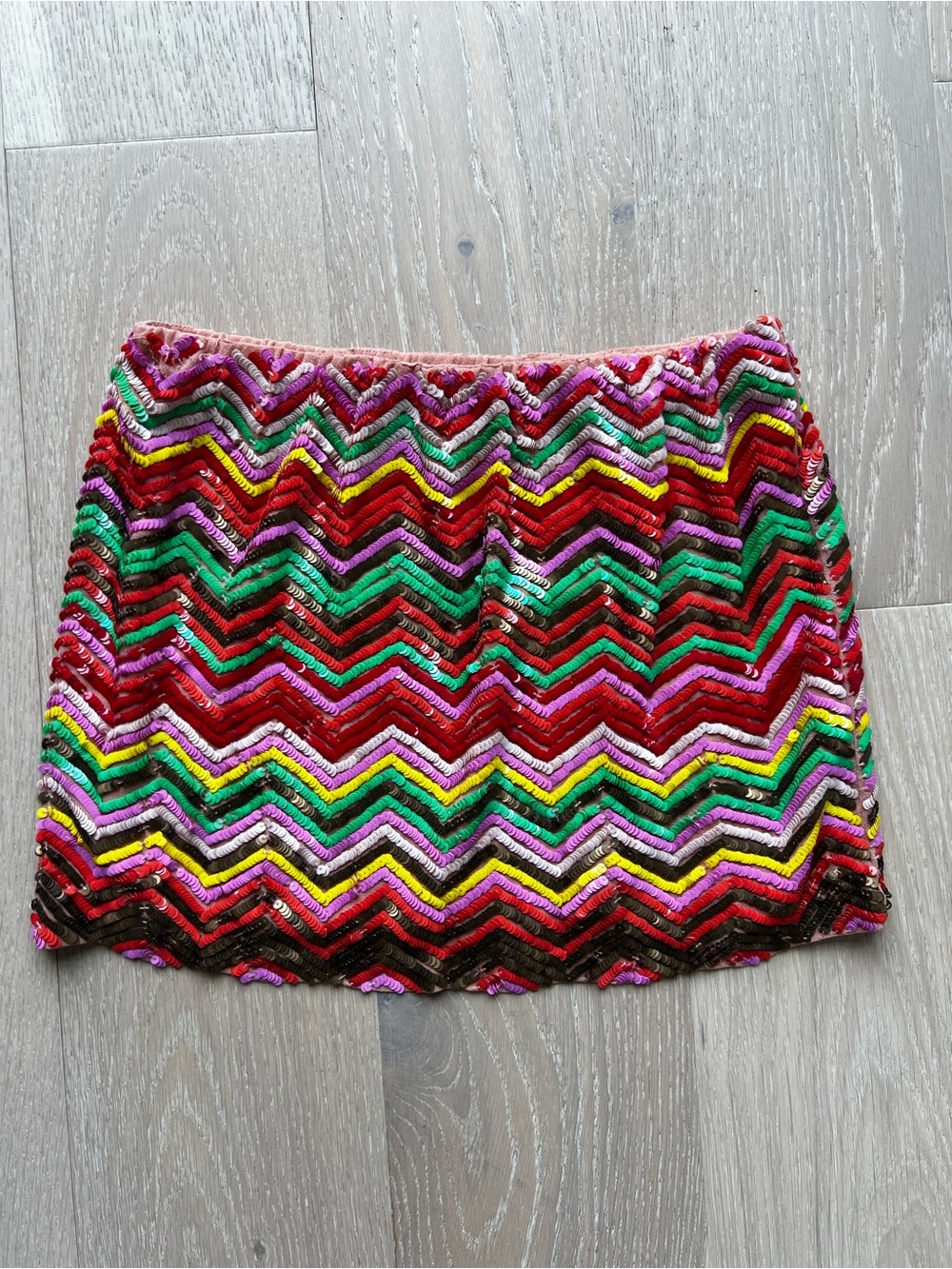 Multicolor Zigzag Sequin Mini Skirt — Red, Green, Pink, Yellow, Purple